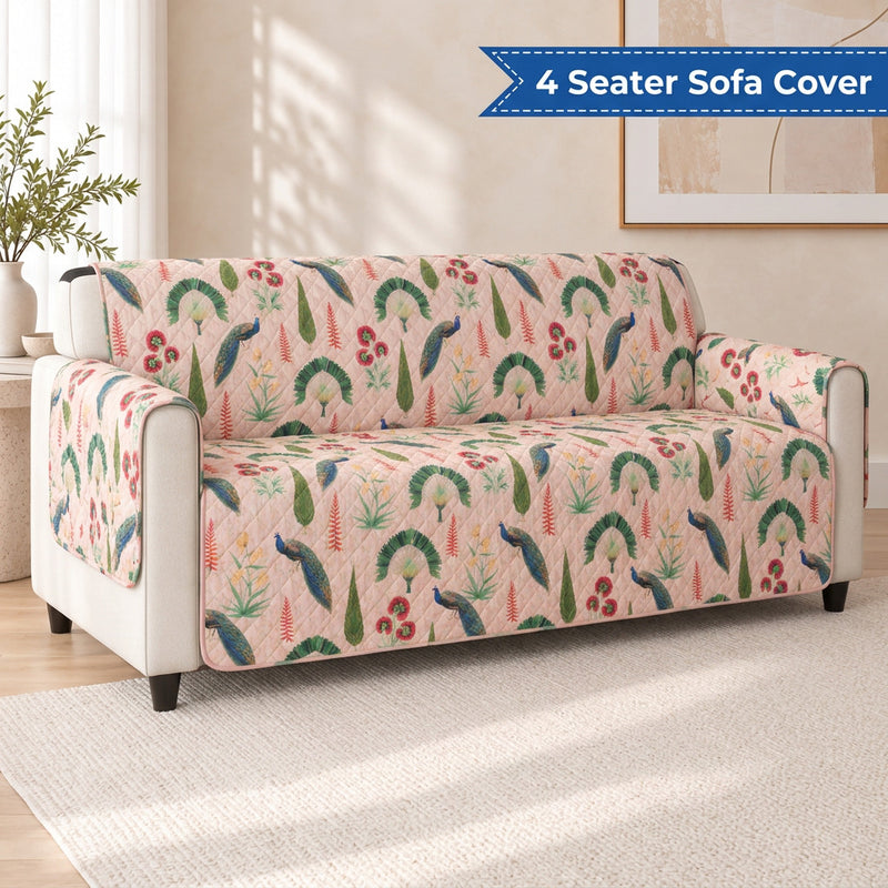 Digital Peacock & Floral Print Quilted Sofa Cover with Side Pocket – 4 Seater