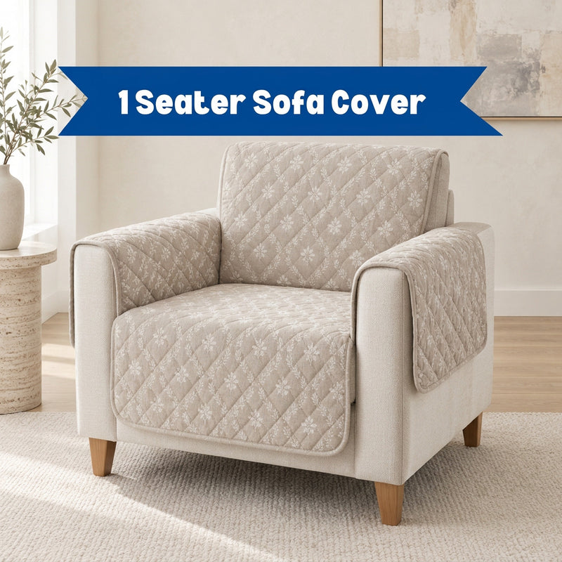 Digital Beige & White Floral Print Quilted Sofa Cover with Side Pocket – 1 Seater