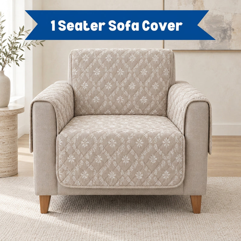 Digital Beige & White Floral Print Quilted Sofa Cover with Side Pocket – 1 Seater