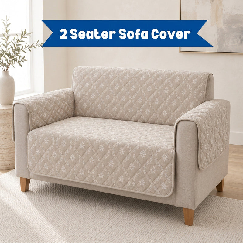 Digital Beige & White Floral Print Quilted Sofa Cover – 2 Seater