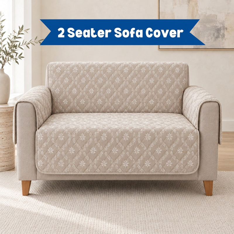 Digital Beige & White Floral Print Quilted Sofa Cover – 2 Seater