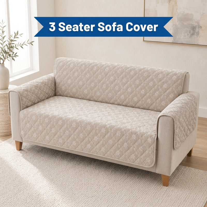 Digital Beige & White Floral Print Quilted Sofa Cover – 3 Seater