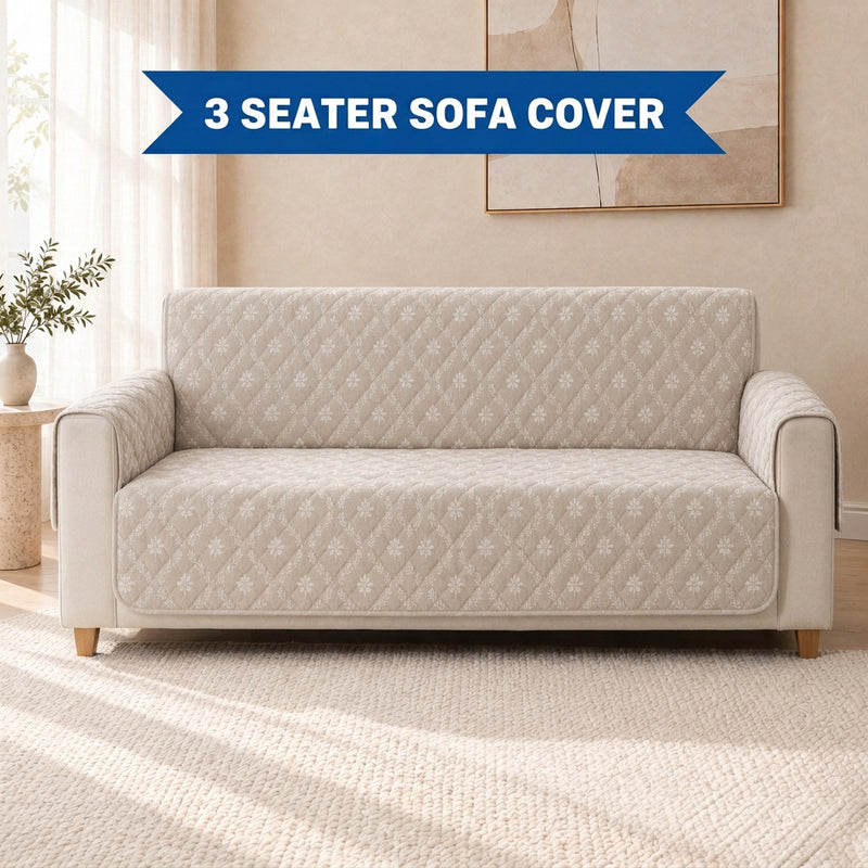 Digital Beige & White Floral Print Quilted Sofa Cover – 3 Seater