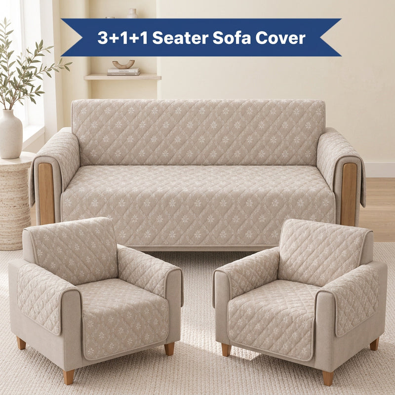 Digital Beige & White Floral Print Quilted Sofa Cover Set – 3+1+1 Seater