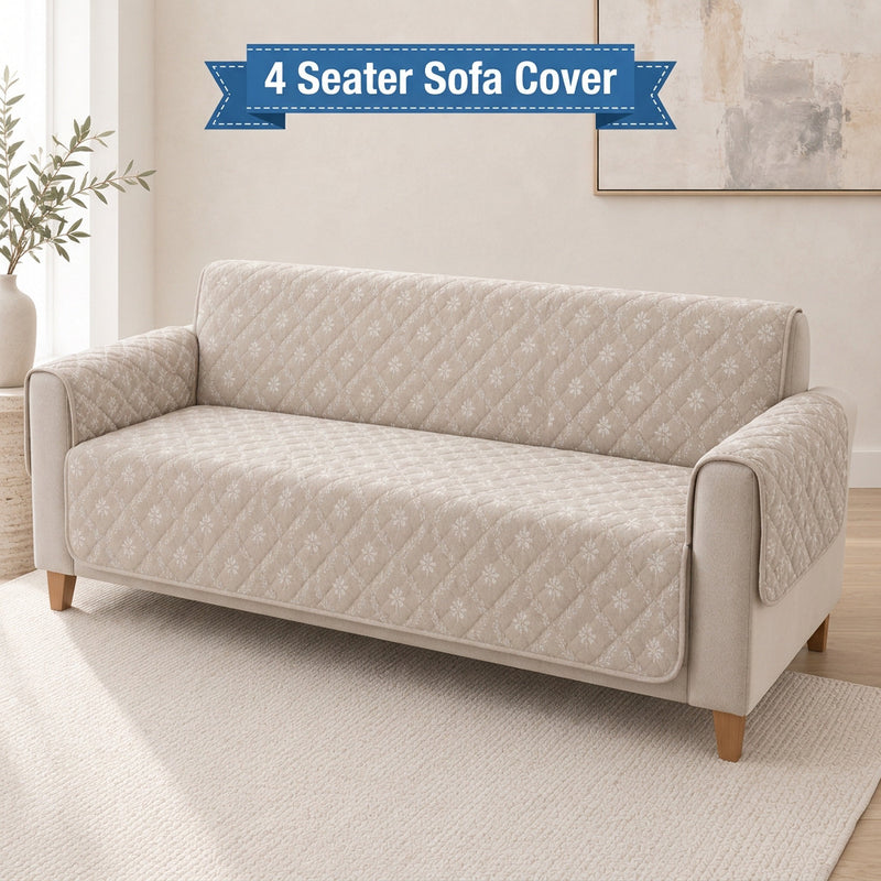 Digital Beige & White Floral Print Quilted Sofa Cover with Side Pocket – 4 Seater
