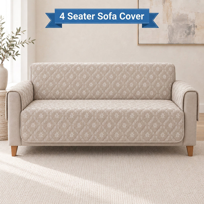 Digital Beige & White Floral Print Quilted Sofa Cover with Side Pocket – 4 Seater