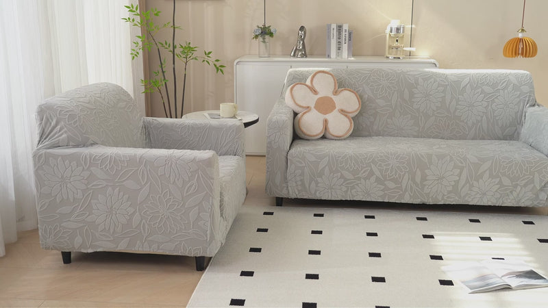 Premium 2 Seater Sofa Cover - Knitted Jacquard, Floral Textured Elastic Slipcover (Grey)