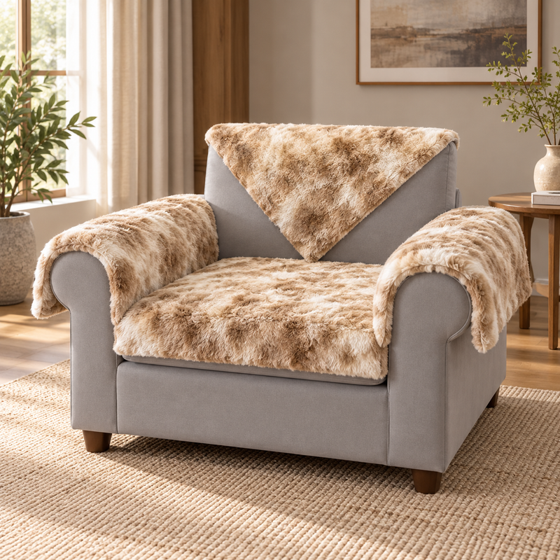 Beige brown Rabbit Fur Panel Sofa Cover 1 seater side, 1 separate backrest panels