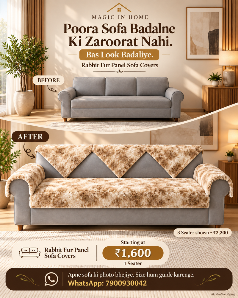 Magic In Home Rabbit Fur sofa makeover: 3 seater shown at ₹2200; 1 seater starts at ₹1600; WhatsApp 7900930042
